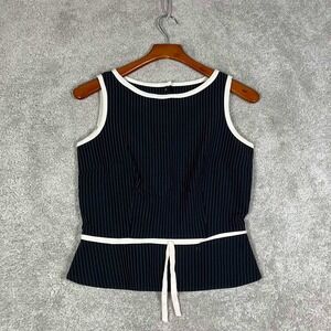 VTG TR Bentley Pinstripe Womens Sleeveless Top 8 Black White Button Peplum Y2K